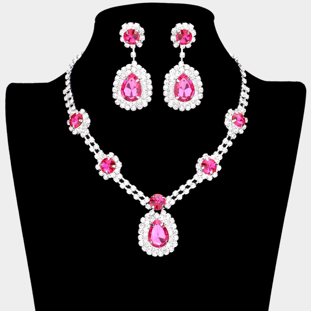 Pink Rhinestone Crystal Teardrop Chain Set Necklace Bling Evening Jewelry